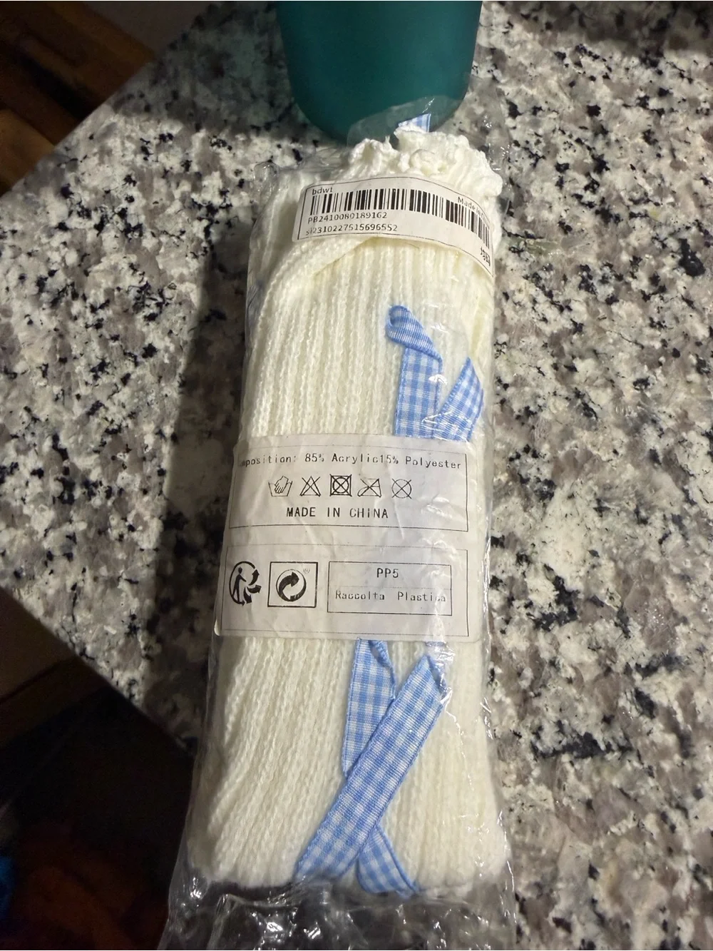 Kawaii Off White Ribbed Leg Warmers with Blue Gingham Ribbon (NWT)